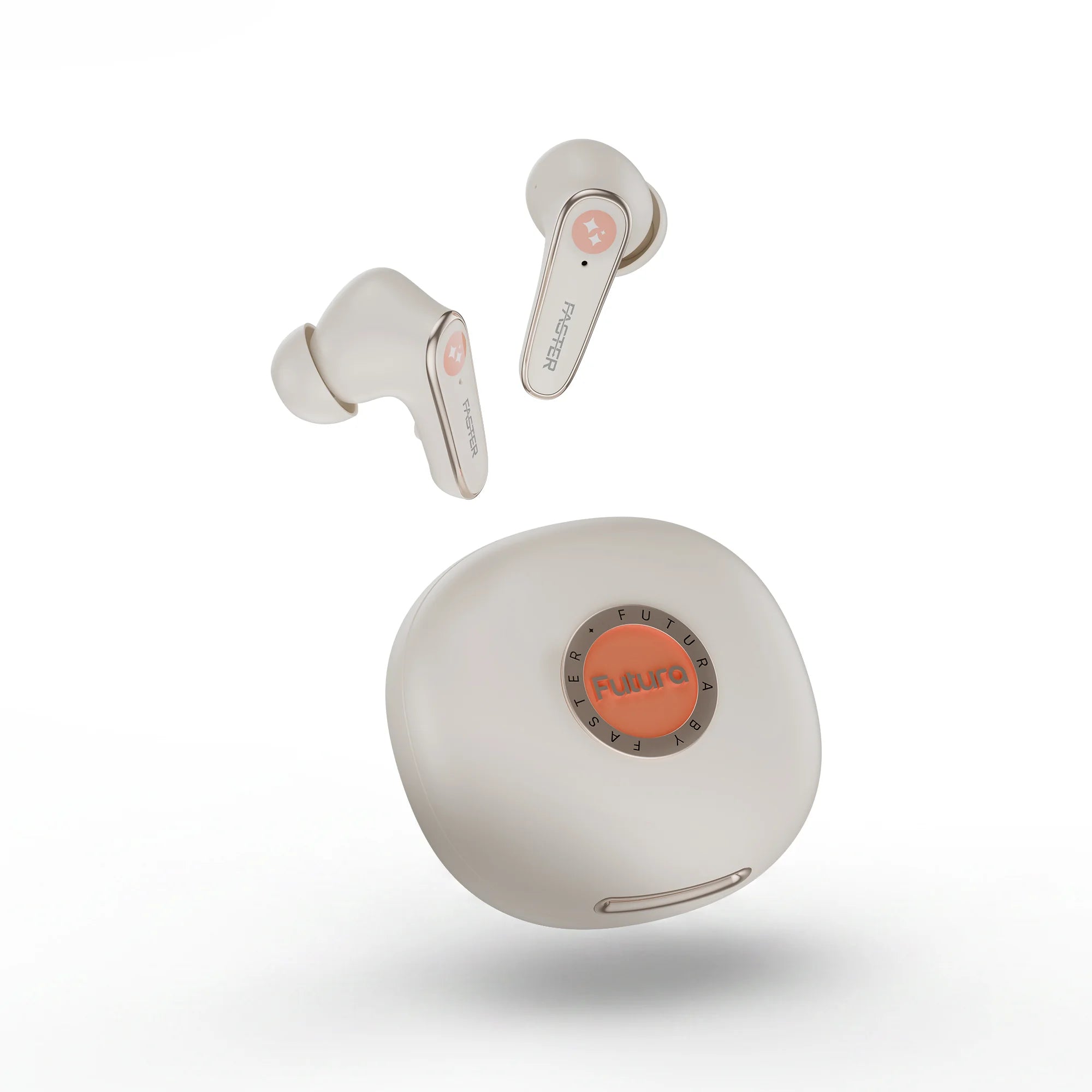 White wireless earbuds with charging case on a white background