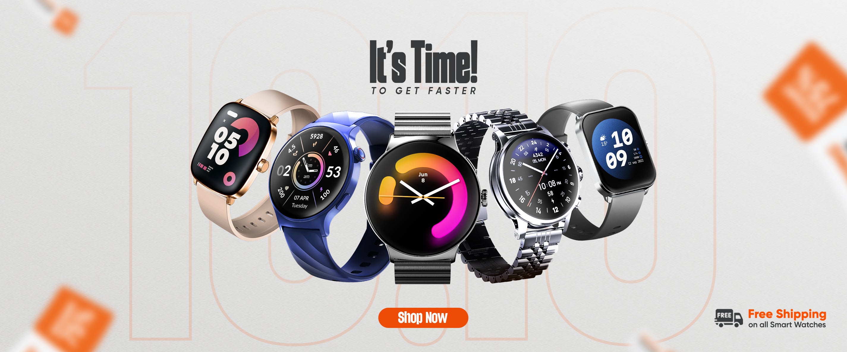 Smartwatches displayed with promotional text on a light gray background