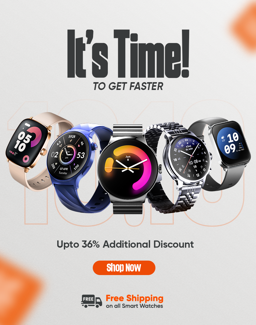 Smartwatches displayed with promotional text on a light gray background