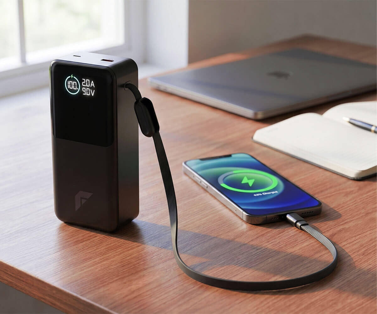 A black rectangular portable power bank with a wrist strap stands on a wooden desk next to a smartphone connected by a cable. The background shows a blurred laptop and notebook near a window.