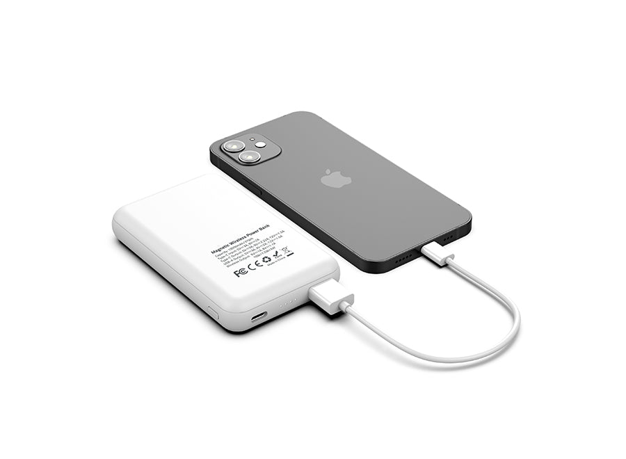 A Faster MS-10, 18w Power bank connect with iphone on white 