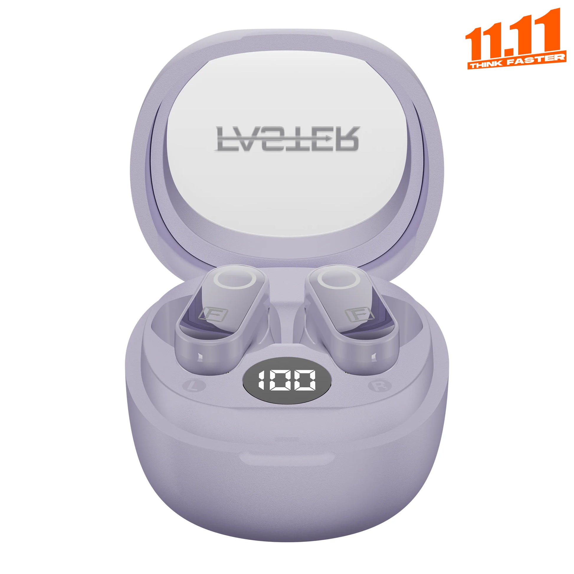 Purple wireless earbuds in charging case with FASTER branding on a white background.