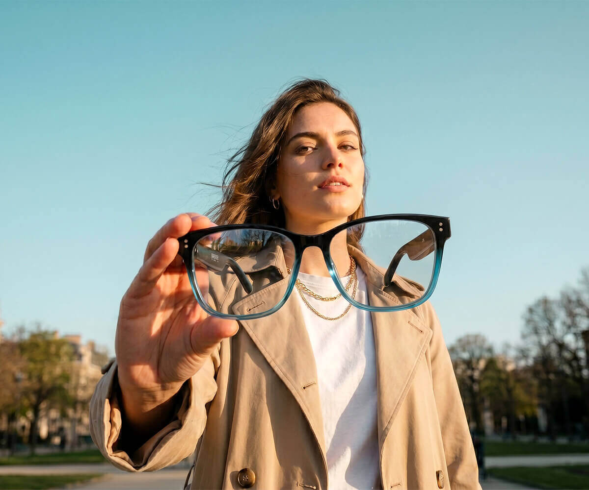 A woman outdoors holds up a pair of black eyeglasses with blue-tinted lenses toward the camera. She is wearing a beige trench coat over a white shirt, with trees and a blue sky in the background.