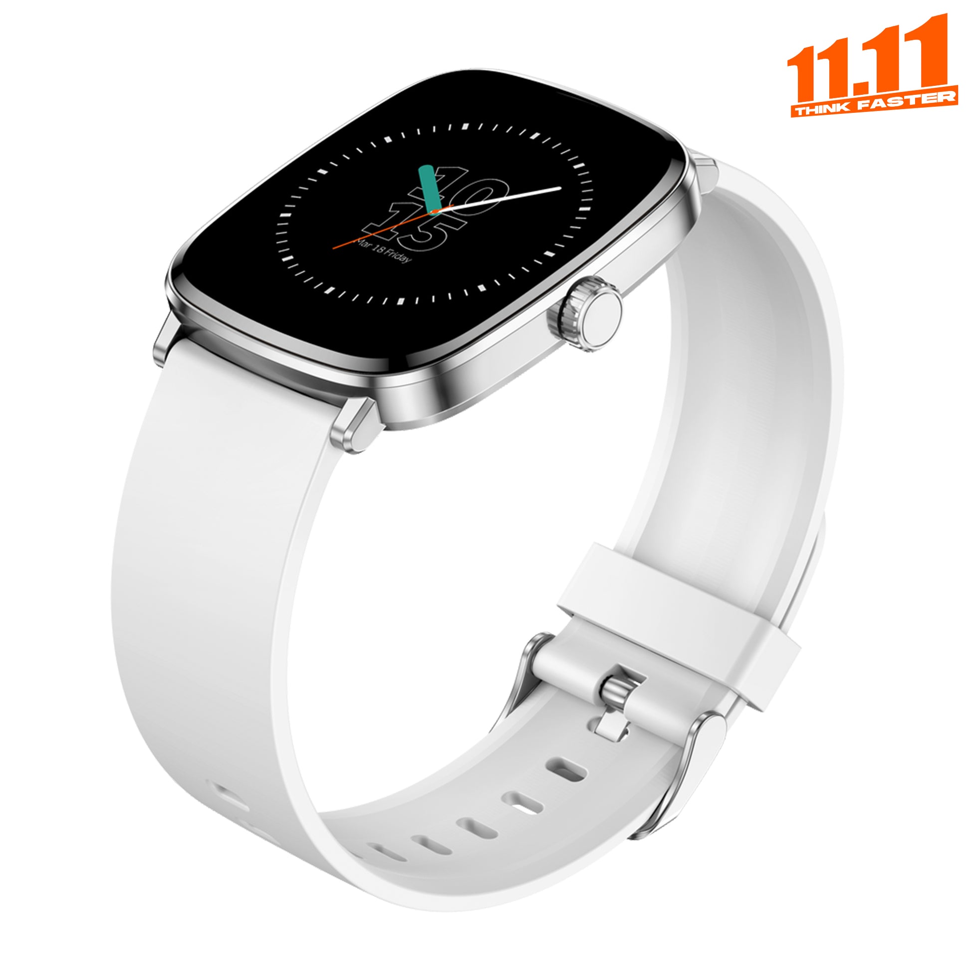 White smartwatch with a black screen on a white background, featuring a promotional banner for '11.11'.