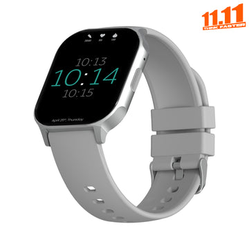 Smartwatch with a gray band on a white background, featuring a promotional logo in the corner.