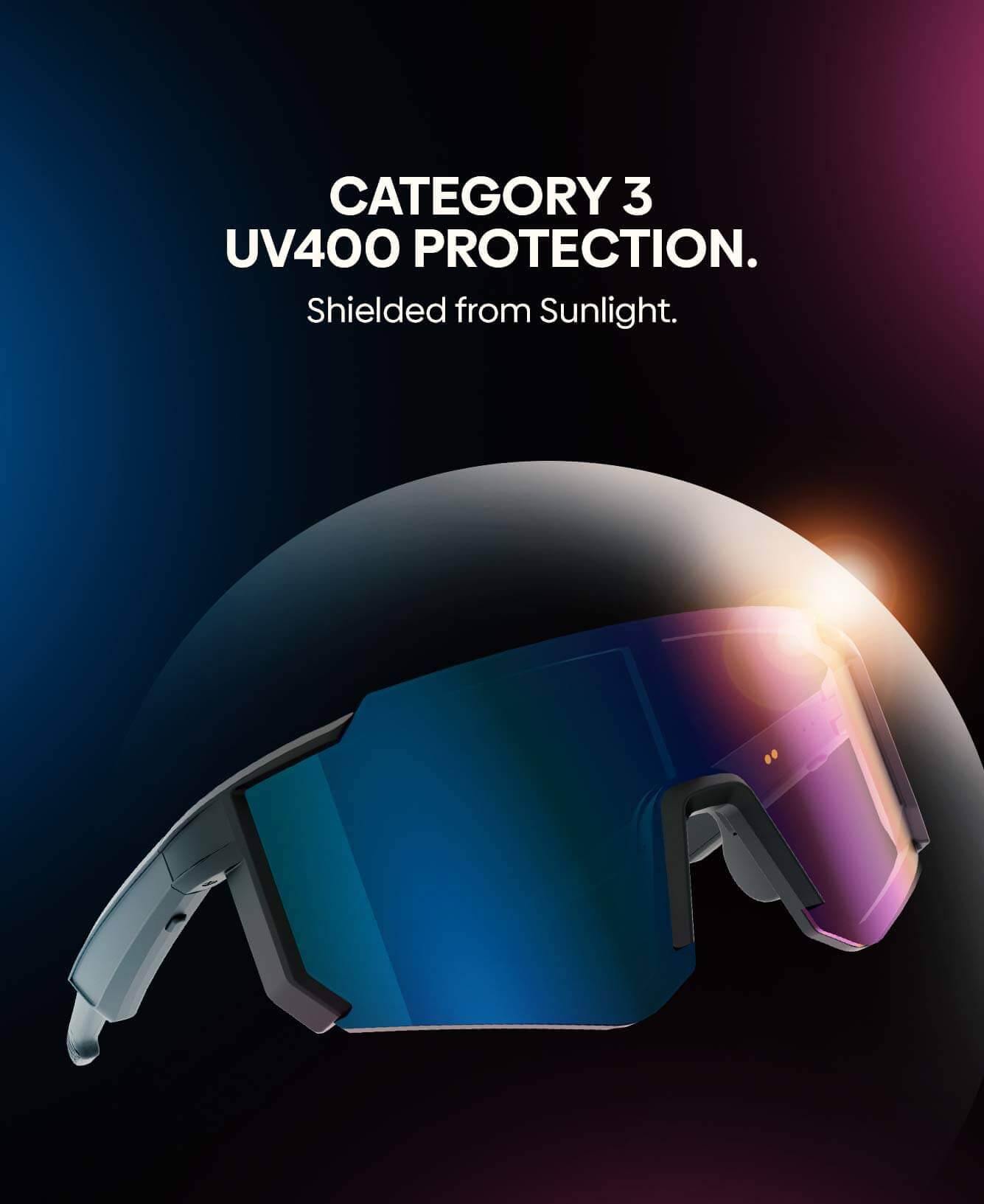 Sport sunglasses with a large blue-to-purple mirrored lens and gray temples, shown with promotional text reading 'CATEGORY 3 UV400 PROTECTION. Shielded from Sunlight.