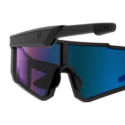 Black shield-style sunglasses with a thick protective frame and large mirrored lenses showing blue, purple, and black reflections, photographed on a clean white background.