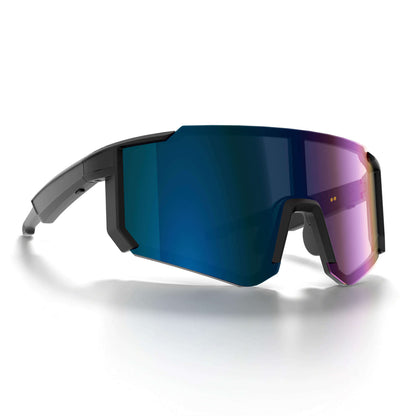 Shield-style sports sunglasses with a dark gray frame and a large mirrored lens shifting from deep blue to purple-pink, shown on a clean white background.