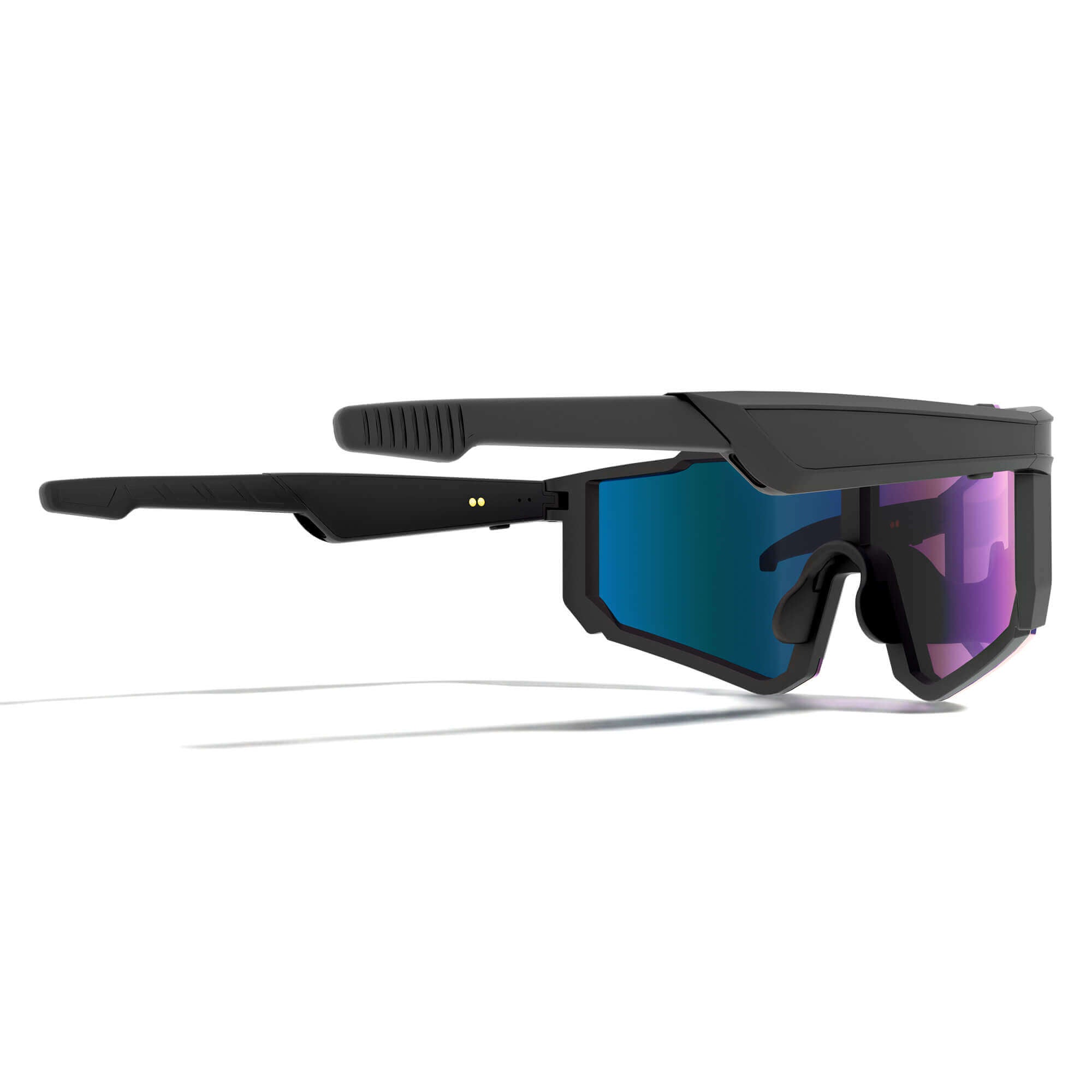 Black Oakley sunglasses with a matte black frame and shield-shaped lenses featuring a blue-to-purple mirrored gradient, shown on a clean white background.