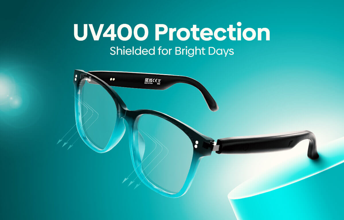 Black rectangular eyeglasses with clear blue-tinted lenses, shown floating against a teal gradient background with the text 'UV400 Protection' and 'Shielded for Bright Days'.