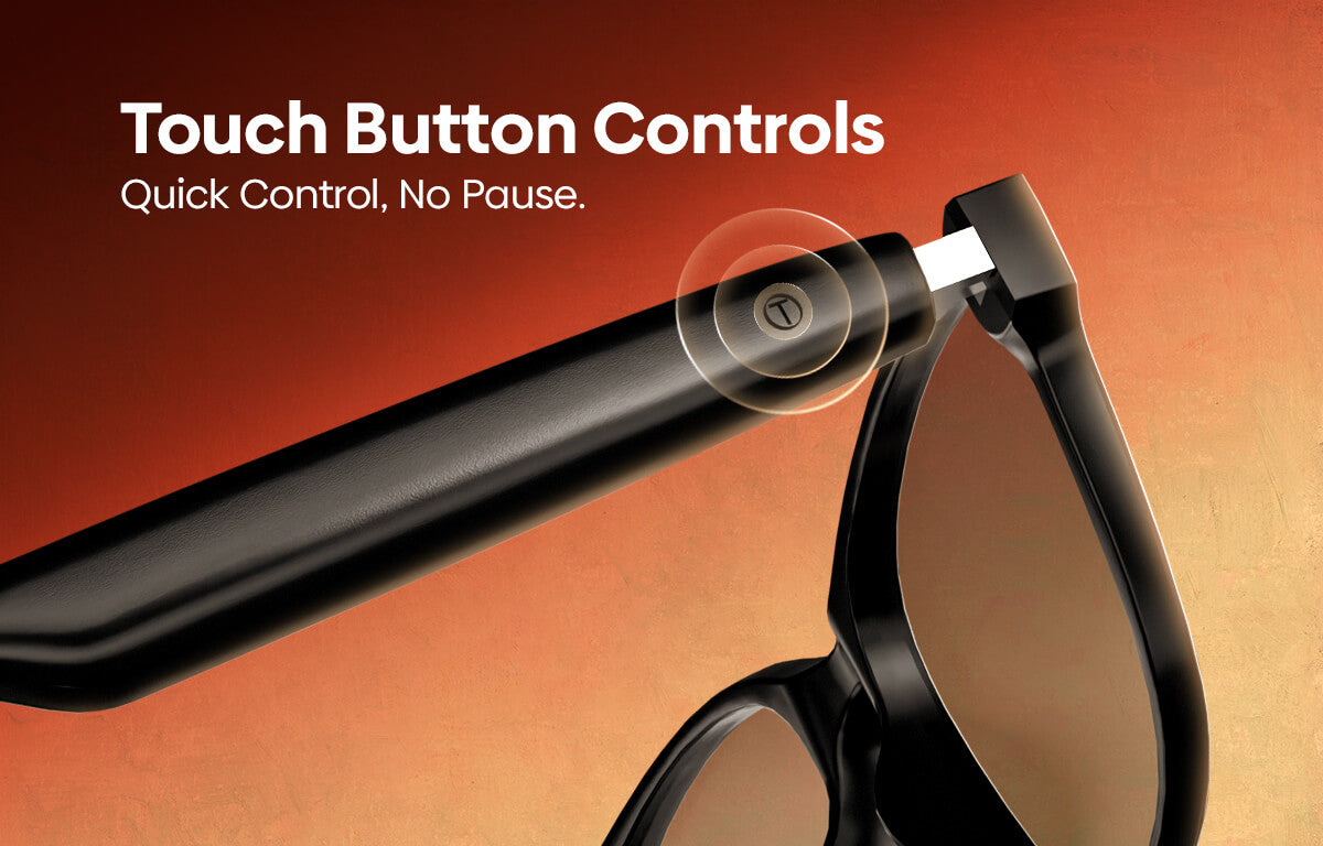 Close-up of black sunglasses with a touch button control on the temple arm, shown against a warm orange gradient background with the text 'Touch Button Controls' and 'Quick Control, No Pause.'.