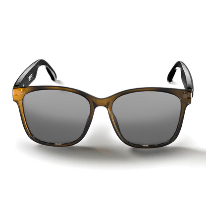 A pair of sunglasses with a translucent amber-brown acetate frame, dark gray lenses, and black temple tips, shown against a plain white background.
