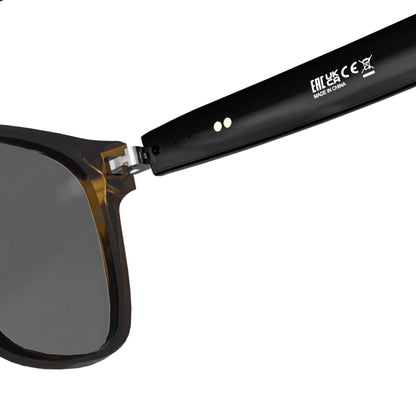 Close-up of a pair of sunglasses showing the temple arm and part of the dark lens, with white printed text on the black arm against a white background.