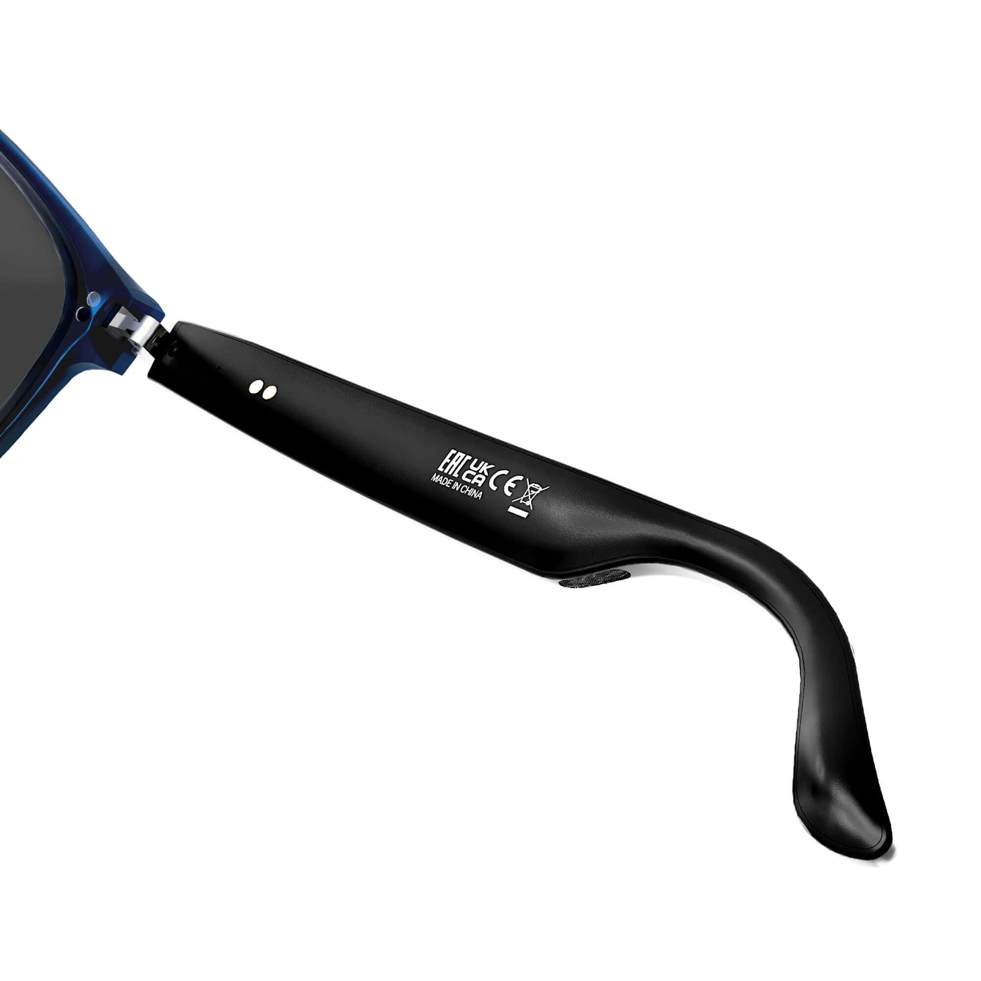 Close-up of a black sunglasses arm with white printed text and regulatory symbols, shown against a plain white background.