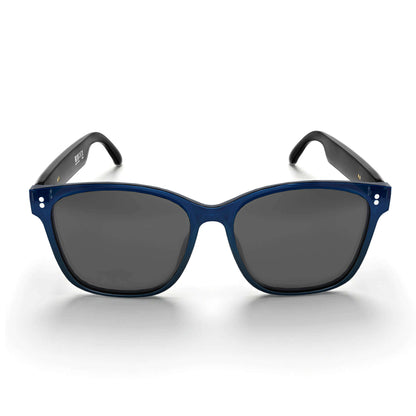 A pair of sunglasses with a dark blue acetate frame and dark gray lenses, shown from the front on a white background.