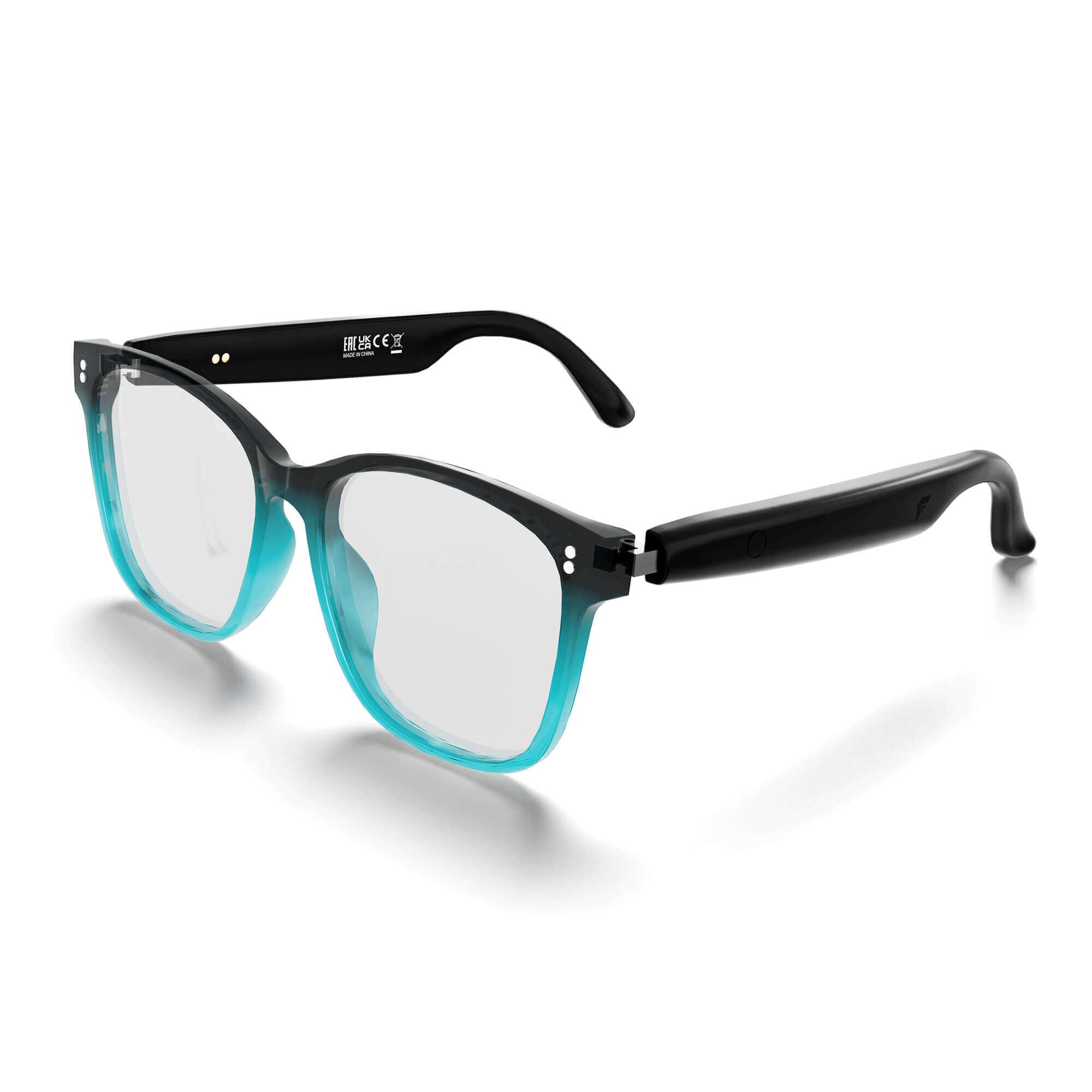 A pair of sunglasses with a black acetate frame that features a vibrant turquoise blue gradient transitioning to clear lenses, shown on a white background with a soft shadow.