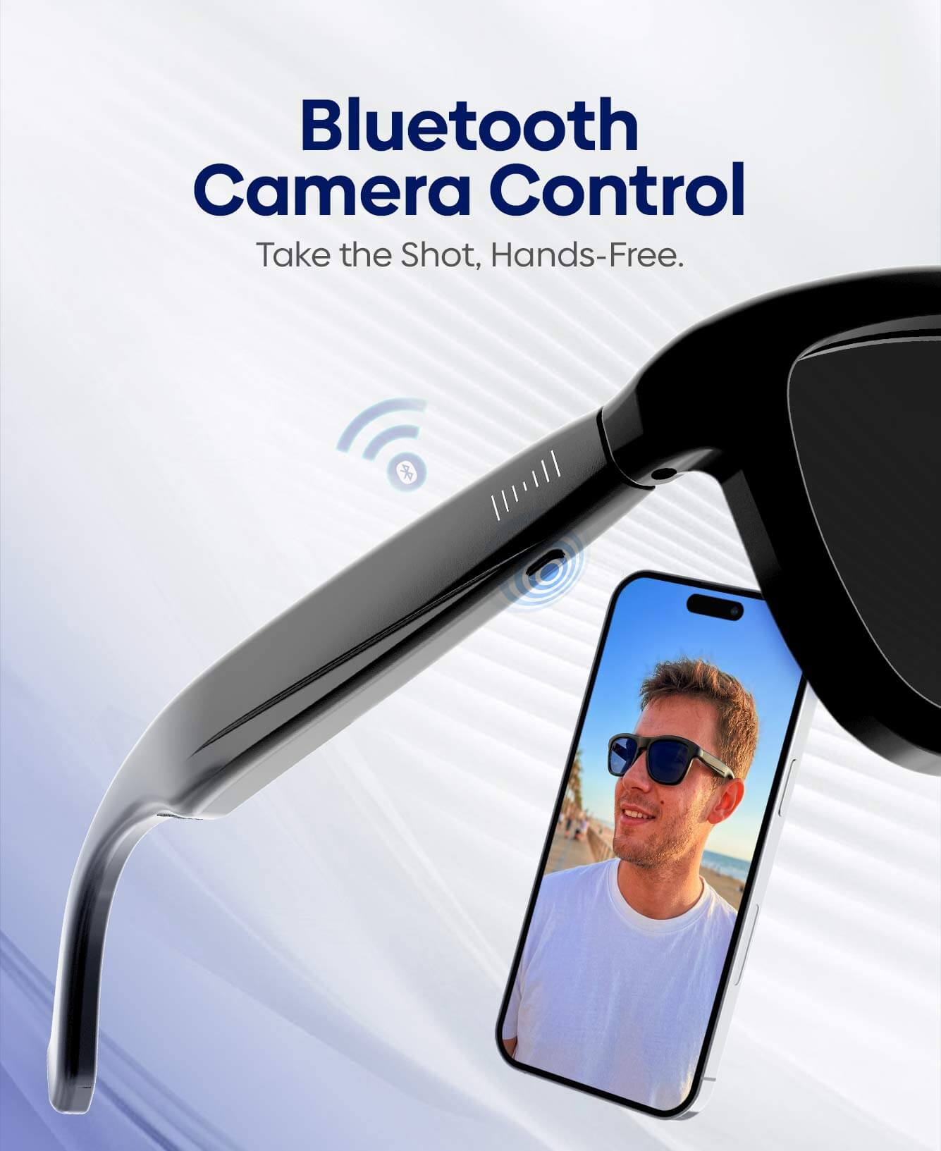 A pair of black Bluetooth camera control sunglasses shown with a smartphone displaying a video call of a man. The image includes the text 'Bluetooth Camera Control' and 'Take the Shot, Hands-Free.