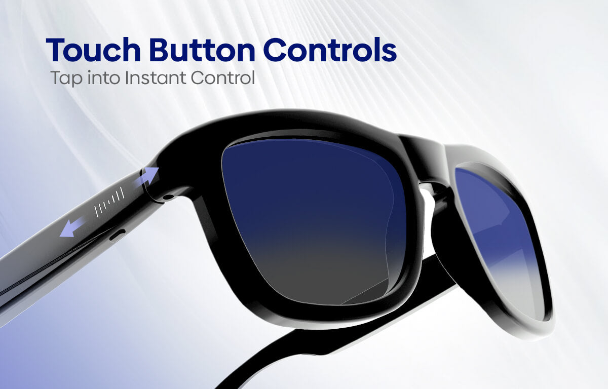 Black smart glasses with blue-tinted lenses, shown close up with text reading 'Touch Button Controls' and 'Tap into Instant Control' on a light blue and white background.