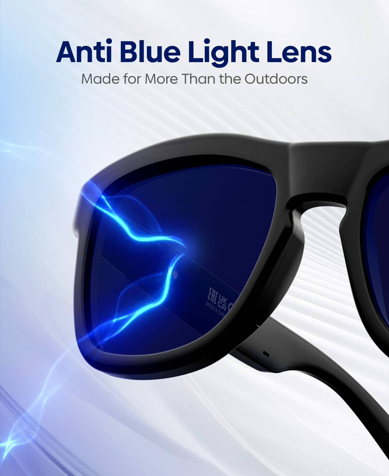 Anti Blue Light Lens sunglasses with black frames and dark blue lenses, featuring a graphic blue light wave overlay on the lens and text at the top reading 'Anti Blue Light Lens Made for More Than the Outdoors'.