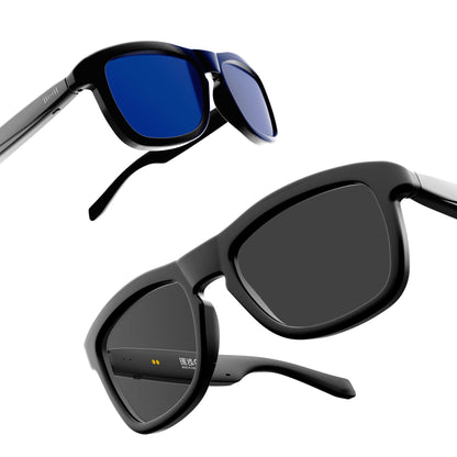 Two views of a pair of black sunglasses with different lens colors: one with blue lenses and one with dark gray lenses, shown on a plain white background.