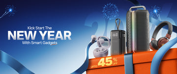 Promotional banner for smart gadgets with a suitcase, electronic devices, and text on a blue background.