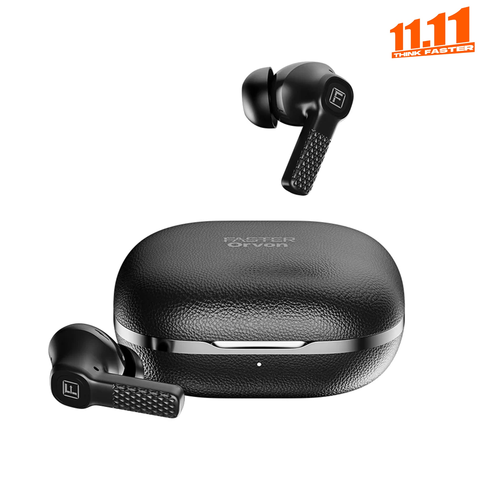 Black wireless earbuds with charging case on a white background, featuring the brand 'faster Orvon'.
