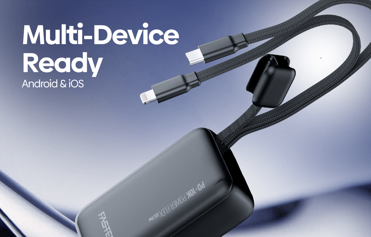 A black multi-device charging cable with a rectangular power bank and two USB-C connectors, shown on a blue gradient background with the text 'Multi-Device Ready Android & iOS'.
