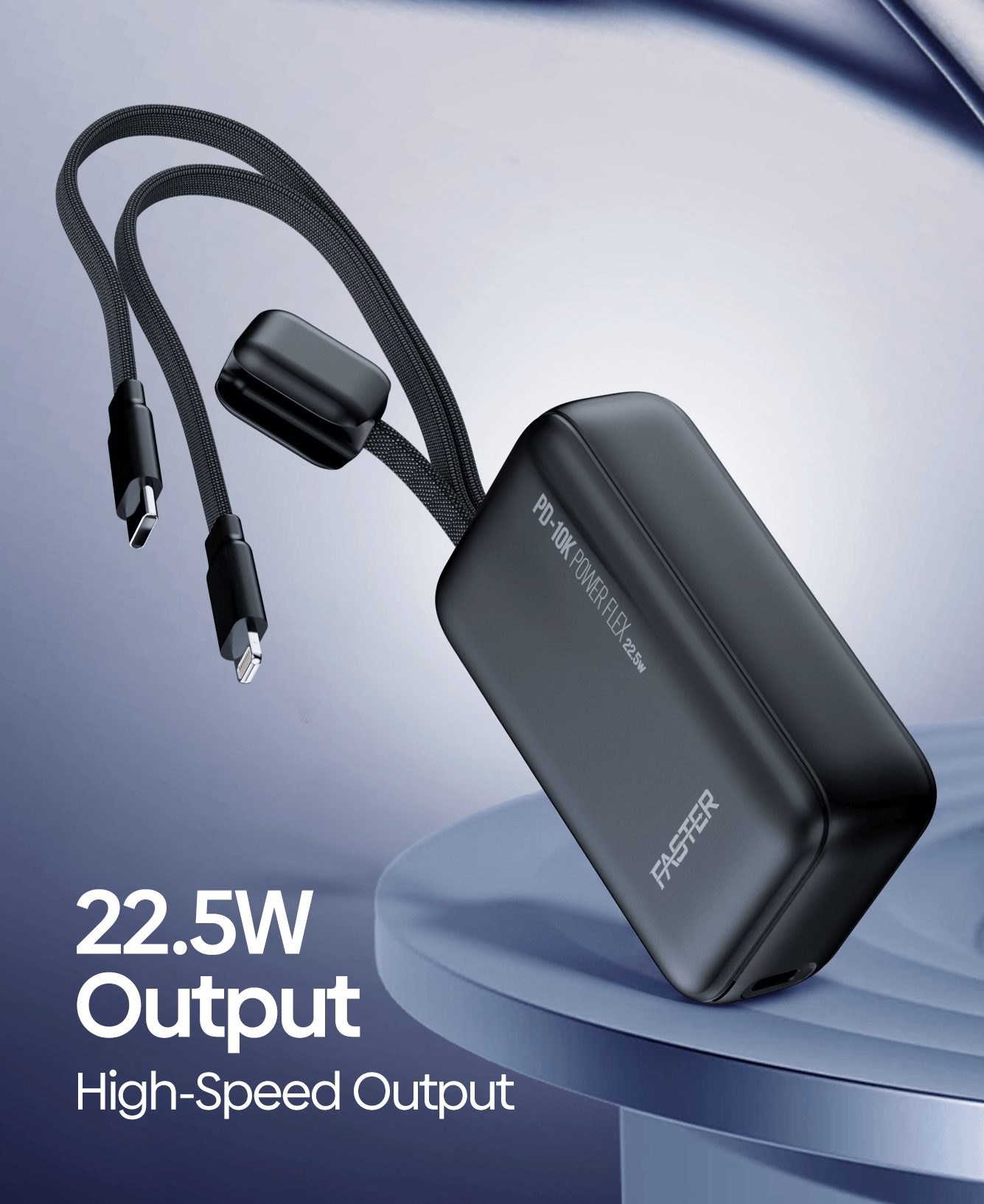 A black 22.5W USB-C to USB-C cable with a rectangular power bank, shown on a blue gradient background with promotional text '22.