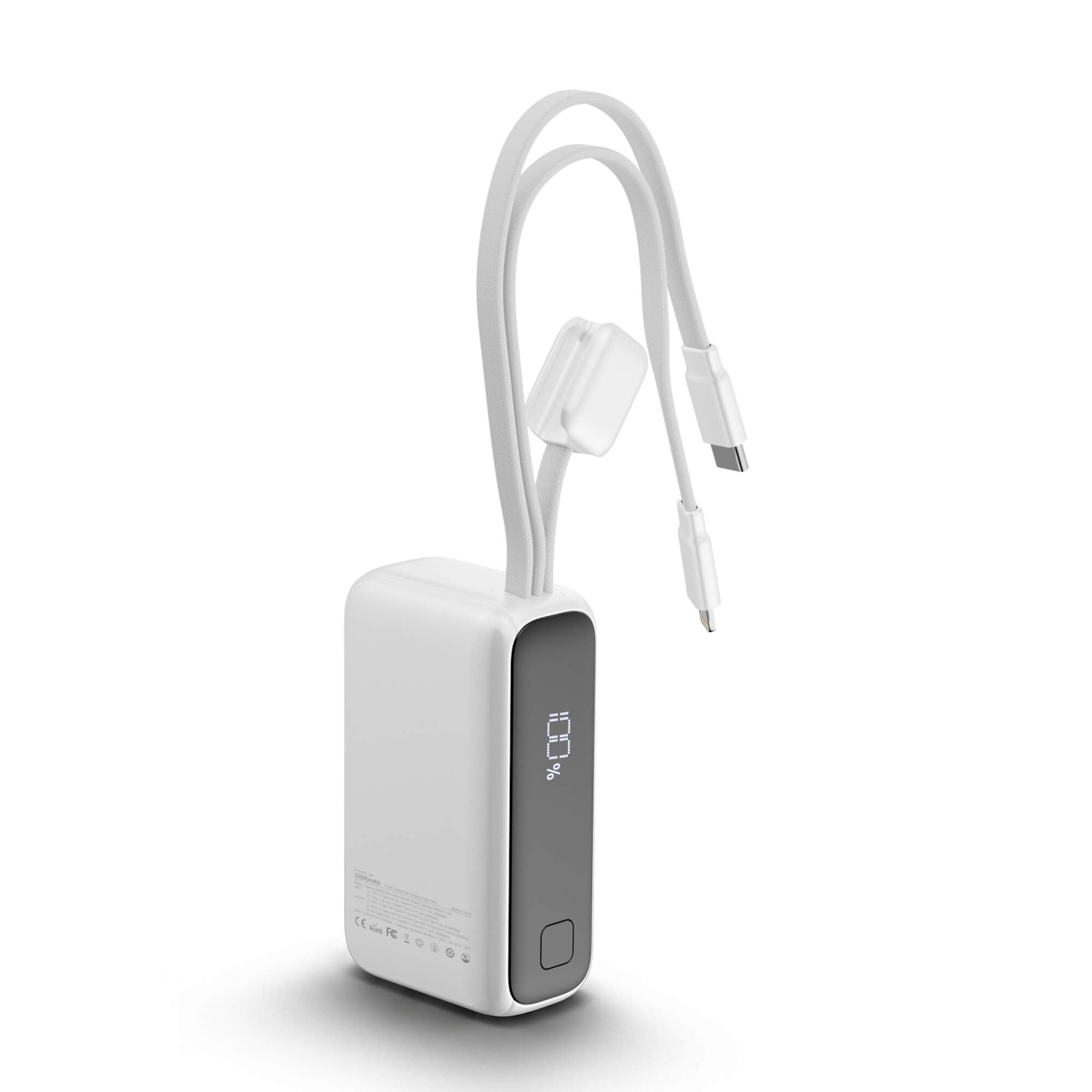 A white and gray portable power bank with a built-in cable, shown on a clean white background. The power bank features a digital battery percentage display on its side and a small square button.
