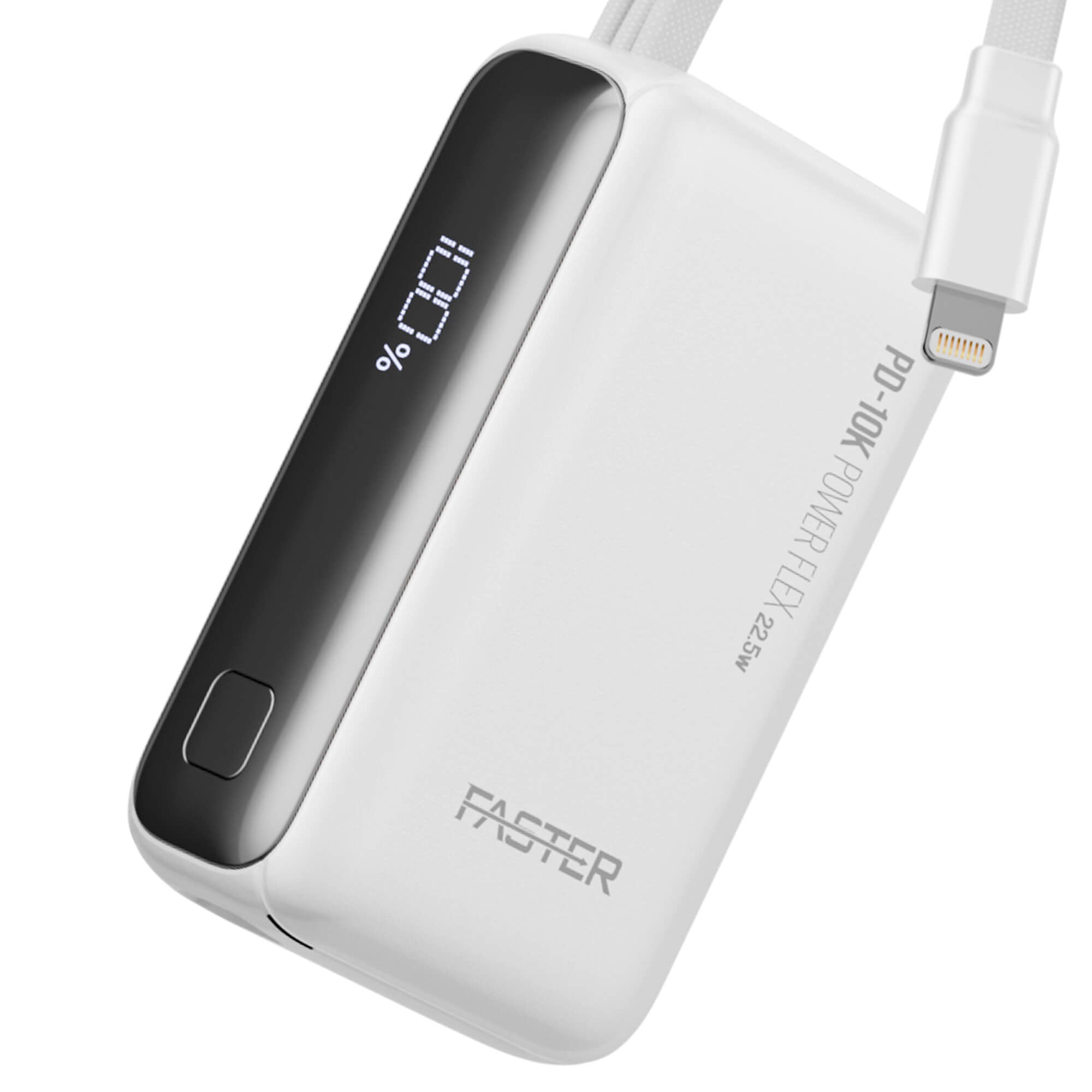 A white and black FASTER portable power bank with a digital battery percentage display, shown with a white Lightning cable on a clean white background.