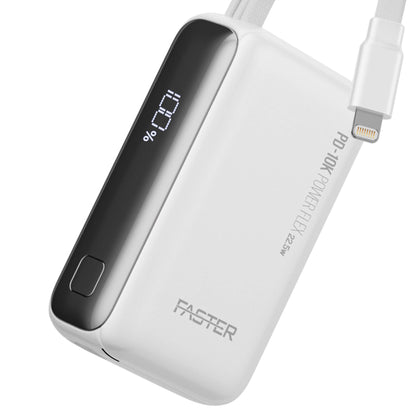 A white and black FASTER portable power bank with a digital battery percentage display, shown with a white Lightning cable on a clean white background.