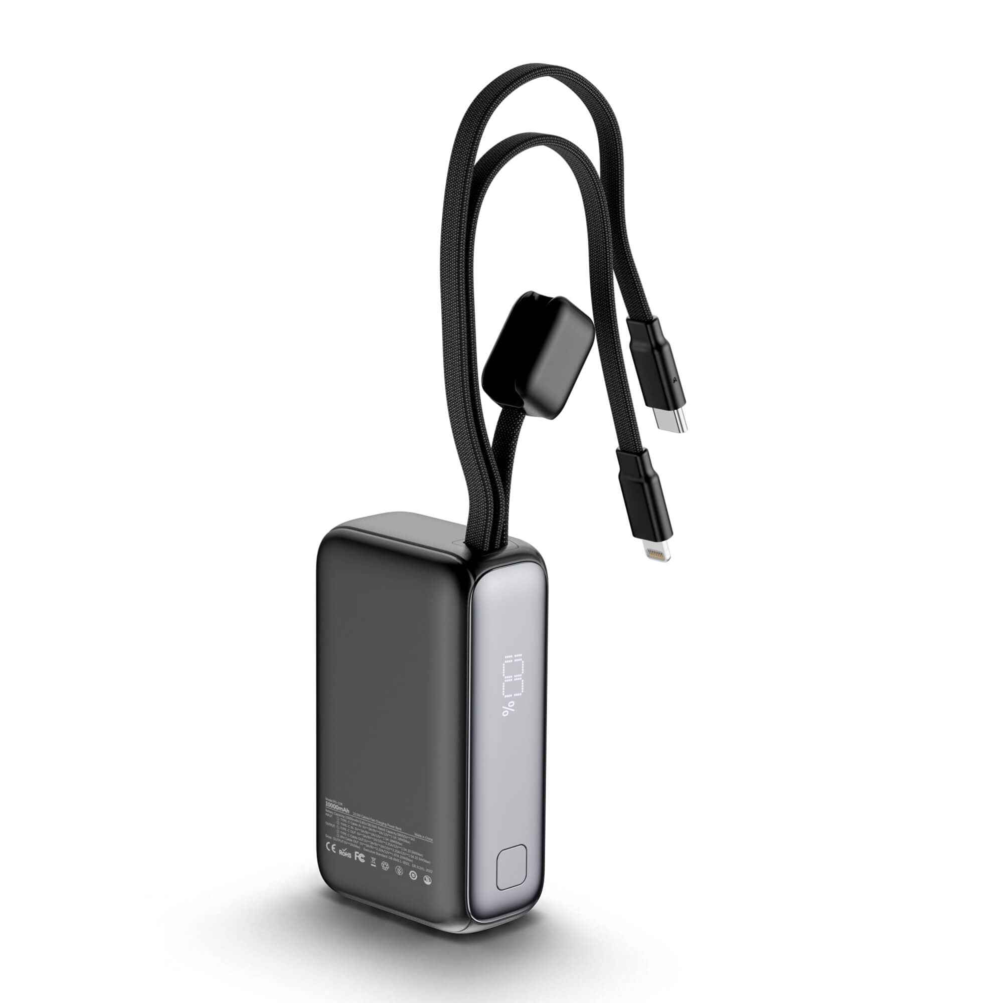 A black rectangular portable power bank with a coiled black cable attached, shown on a clean white background. The power bank has a dark gray front face, a silver side panel with a vertical power icon, and a small square button on the front.