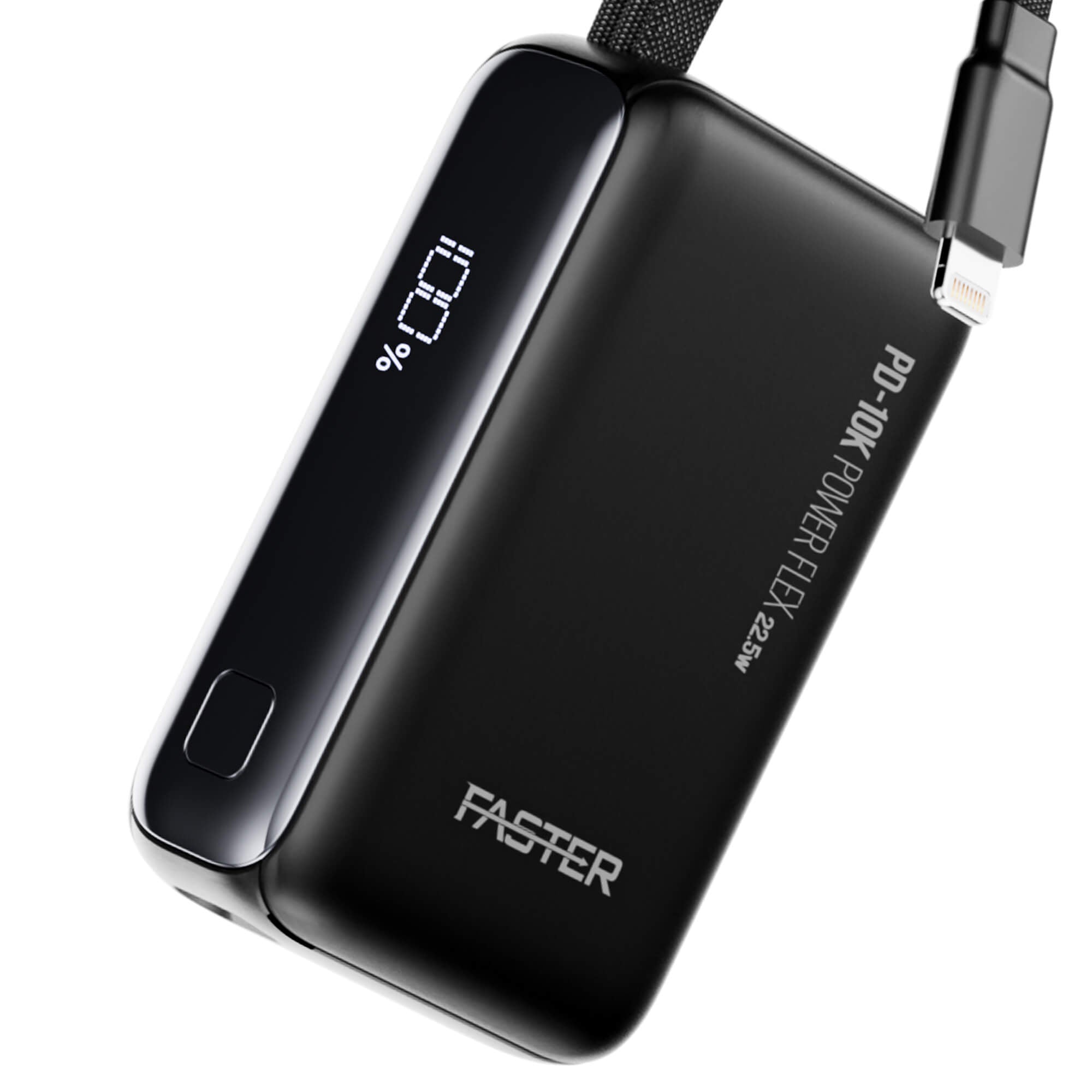 A black FASTER portable power bank with a digital battery percentage display on the side, shown with a USB-C cable plugged in against a white background.