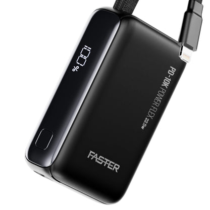 A black FASTER portable power bank with a digital battery percentage display on the side, shown with a USB-C cable plugged in against a white background.