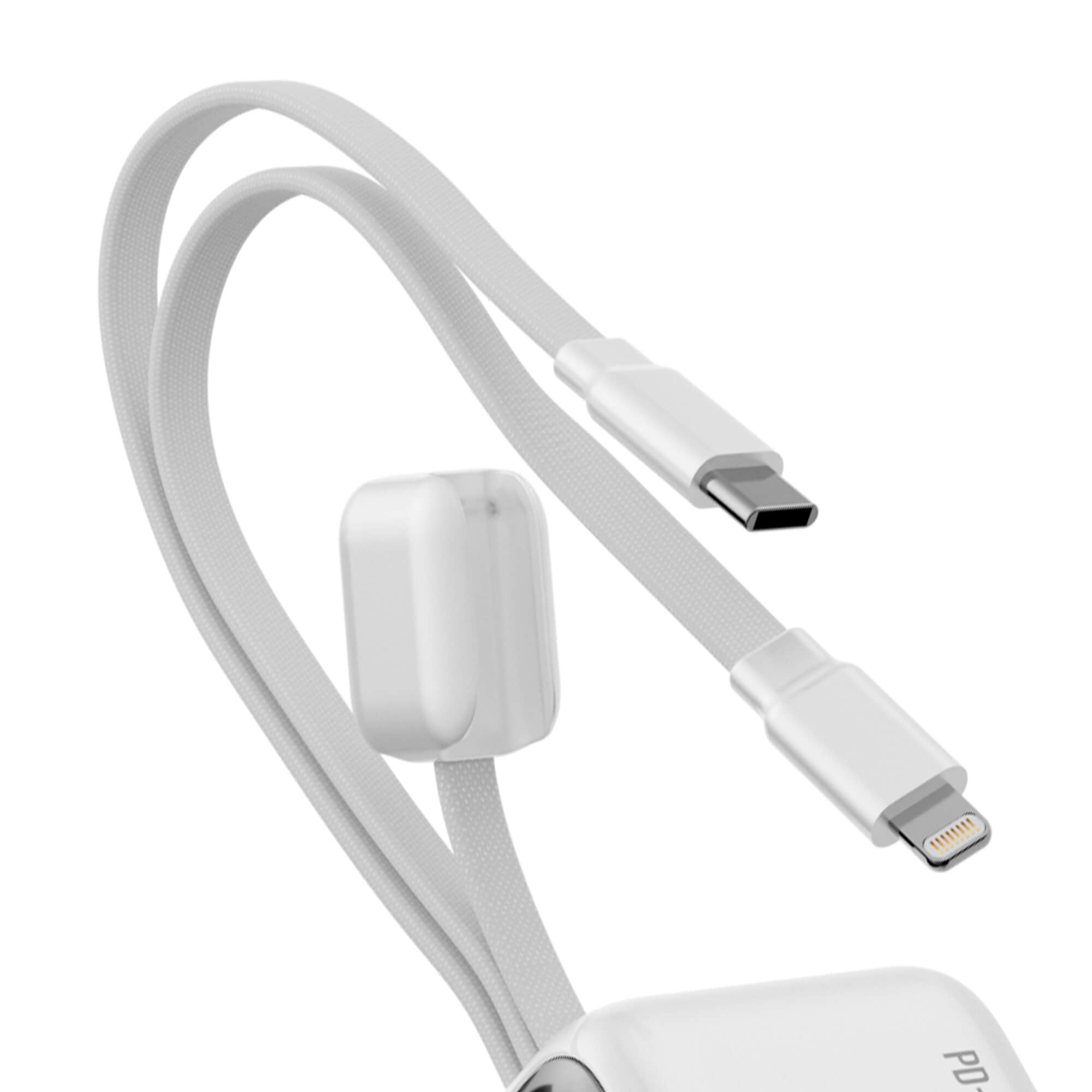 A white multi-connector charging cable with a USB-C to Lightning and USB-C to USB-C configuration, featuring a built-in wireless charging receiver coil, shown on a plain white background.