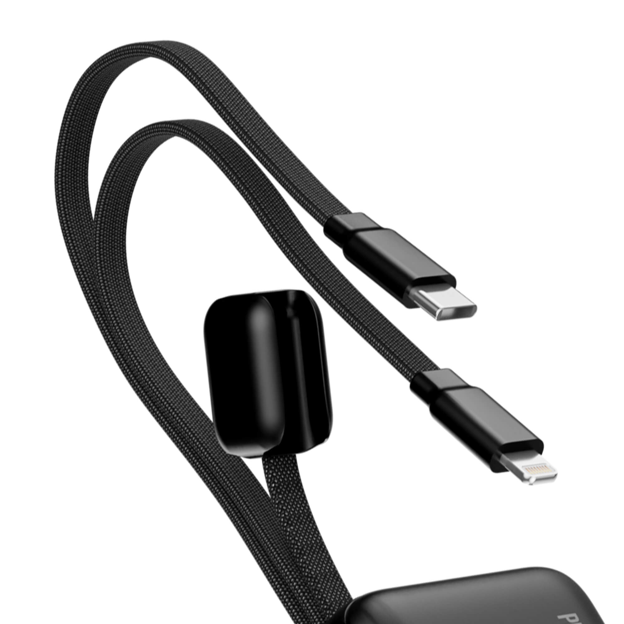 A black braided USB-C to Lightning cable with a small black rectangular accessory clipped onto the cable, shown on a plain white background.