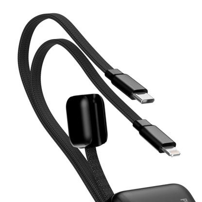 A black braided USB-C to Lightning cable with a small black rectangular accessory clipped onto the cable, shown on a plain white background.