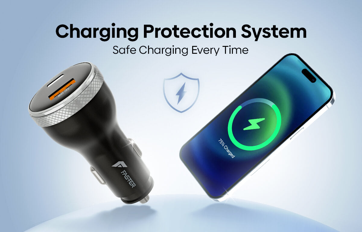 A black and silver car charger shown next to a smartphone displaying a green charging icon, with the text 'Charging Protection System' and 'Safe Charging Every Time' above them on a light blue gradient background.