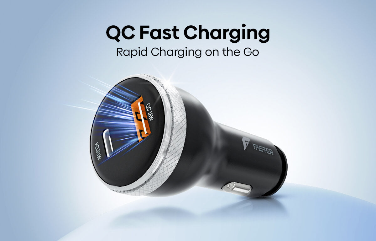 A black and silver car charger with a circular charging port face, shown on a light blue gradient background with text reading 'QC Fast Charging' and 'Rapid Charging on the Go.'.