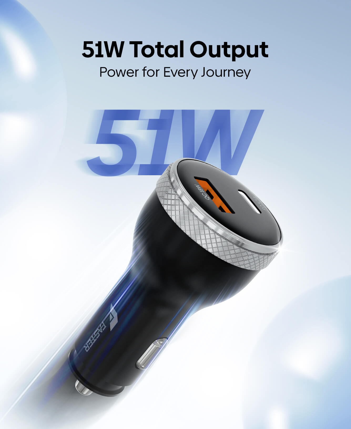 A 51W car charger with a black body, textured silver metallic ring, and a blue-accented base, shown against a light blue and white background with promotional text '51W Total Output' and 'Power for Every Journey'.