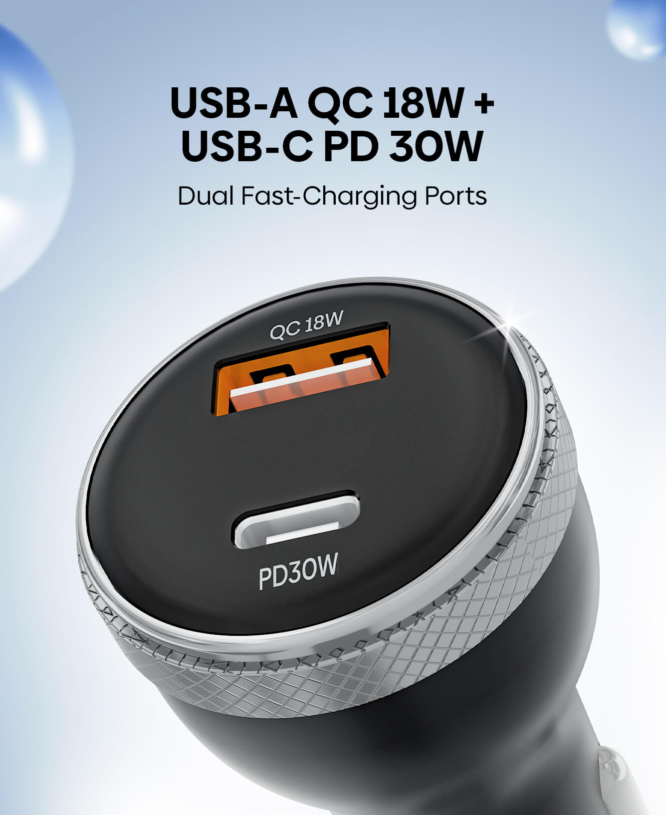A close-up of a dual fast-charging car adapter with one USB-A QC 18W port and one USB-C PD 30W port, shown against a light blue gradient background with promotional text.