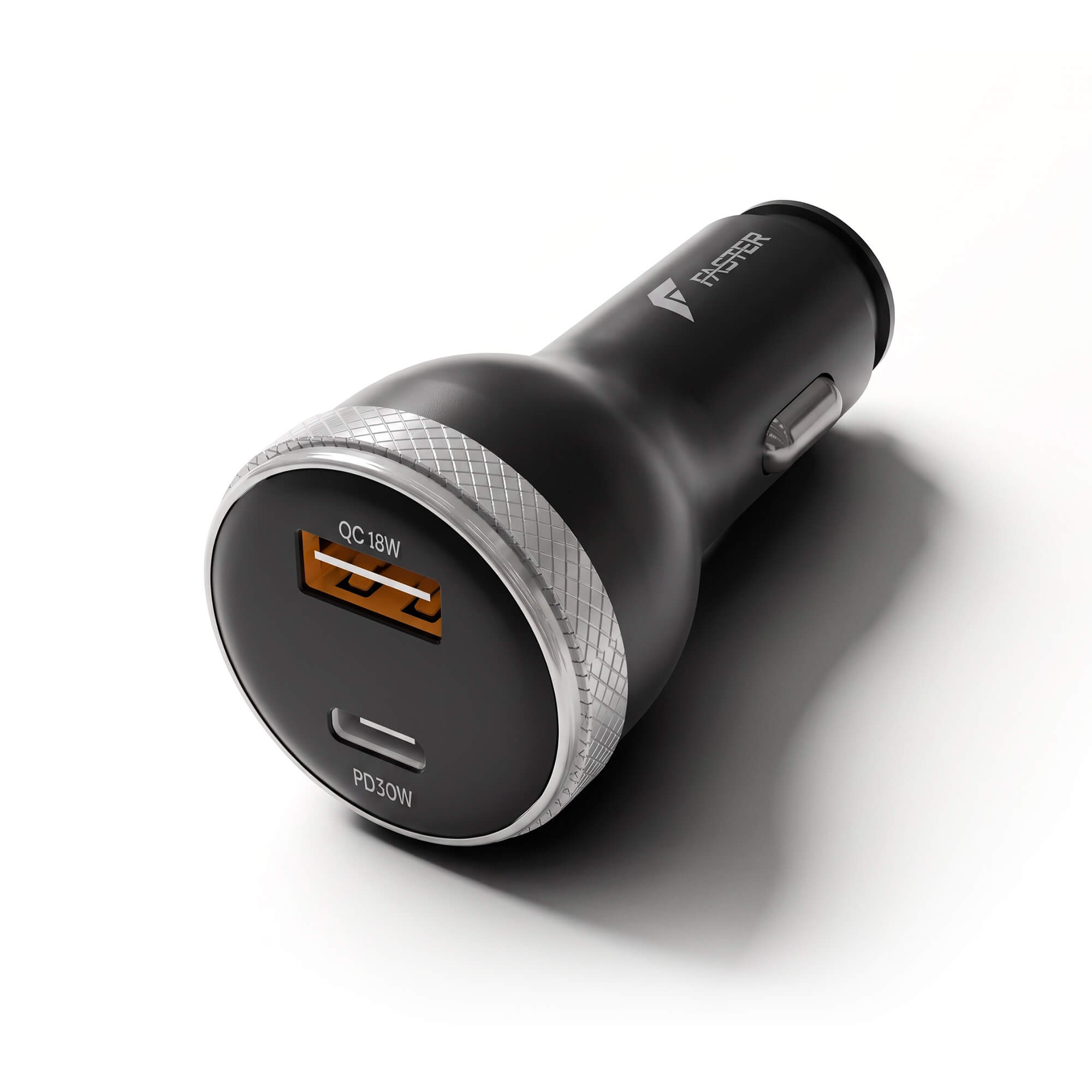 A black car charger with a silver textured ring, featuring a USB-C port with an orange accent and a USB-A port, on a white background.