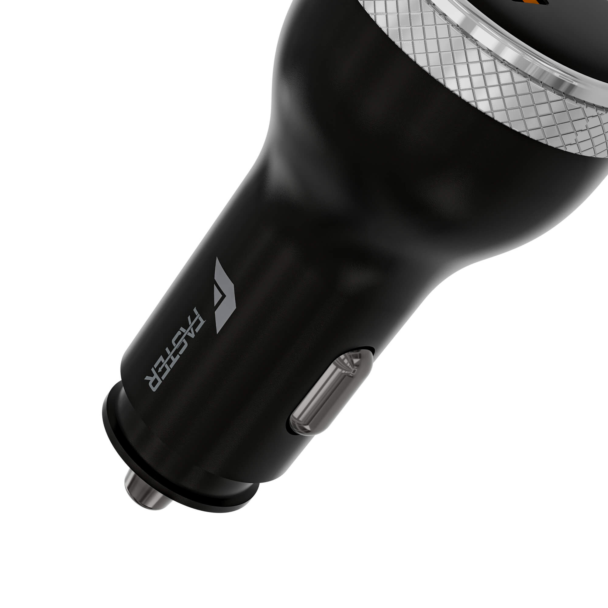 Close-up of a black FASTER car charger with a silver mesh detail and a silver power switch, on a white background.
