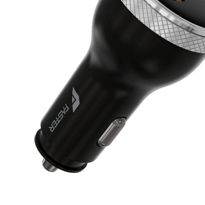 Close-up of a black FASTER car charger with a silver mesh detail and a silver power switch, on a white background.
