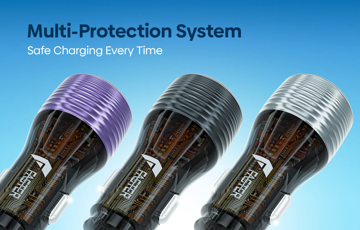 Three USB-C car chargers with different protective end caps in purple, black, and silver, displayed against a blue gradient background with the text 'Multi-Protection System Safe Charging Every Time'.
