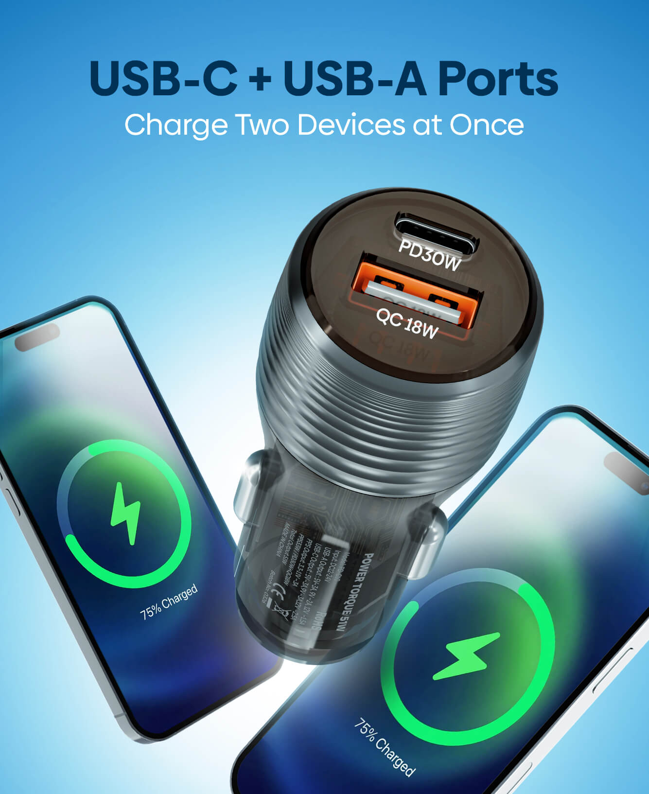 A USB-C and USB-A dual port car charger shown with two smartphones charging at once on a blue gradient background. The charger has a metallic silver body with a black top, and the phones display green charging icons.