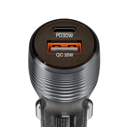 Close-up of a car charger plug showing two USB-C ports: a larger PD30W port and a smaller QC18W port, with a metallic silver body and a dark brown top cap on a white background.