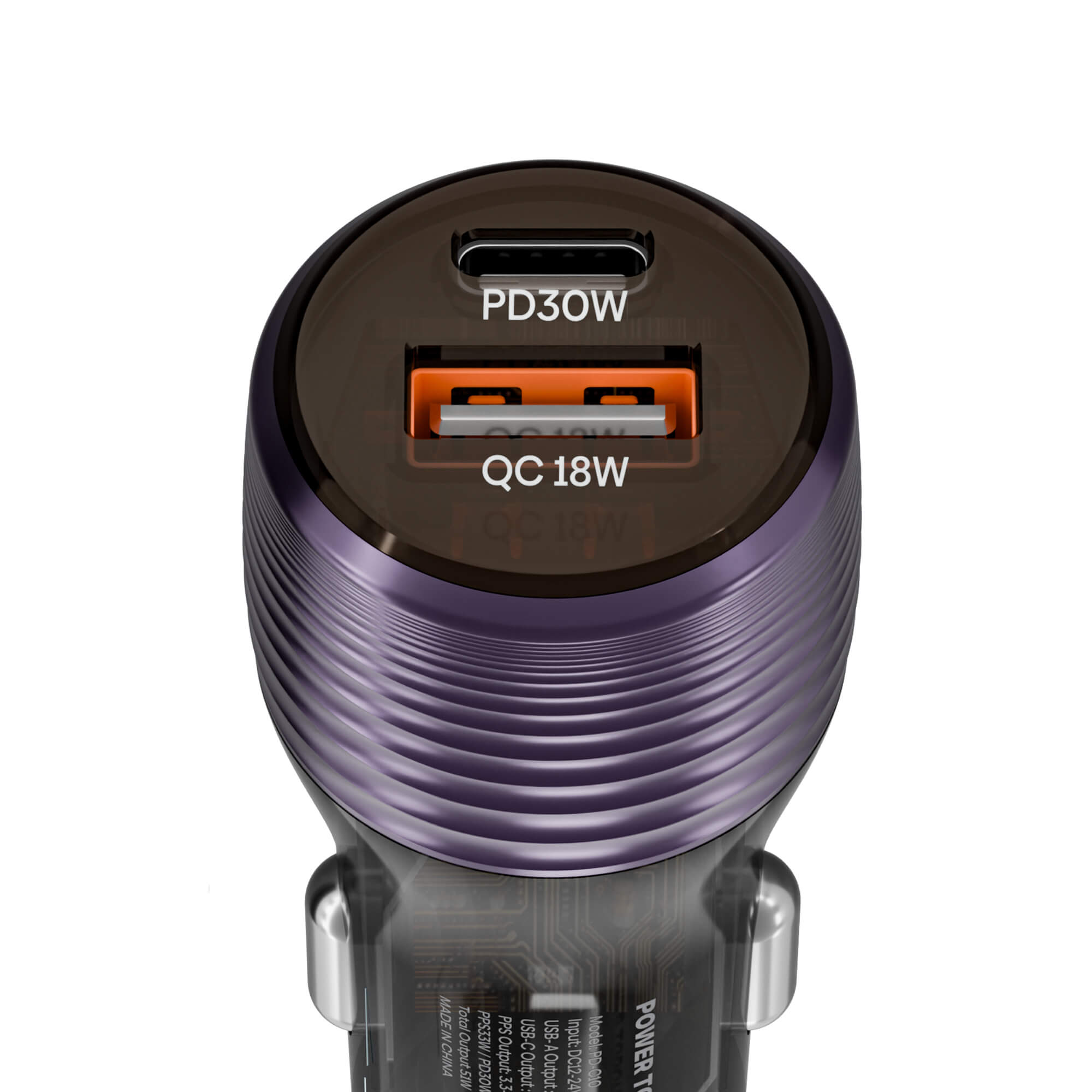 A close-up of a purple and black car charger plug head showing two USB-A ports, one labeled PD30W and one labeled QC 18W, on a white background.