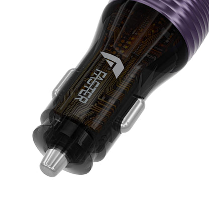 A close-up of a FASTER car charger, showing a purple metallic top section, a black body with a printed gold circuit board pattern, and silver metal contacts on a white background.