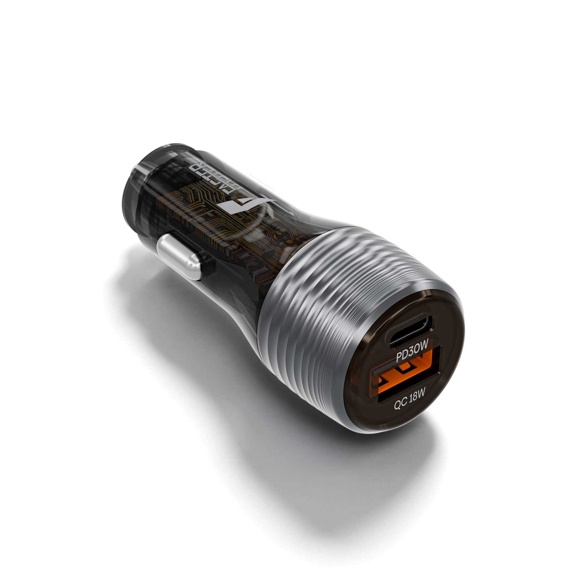 A car dual USB charger with a metallic silver ribbed body, a black translucent top, and an orange accent around the USB-C port, shown on a white background with a soft shadow.